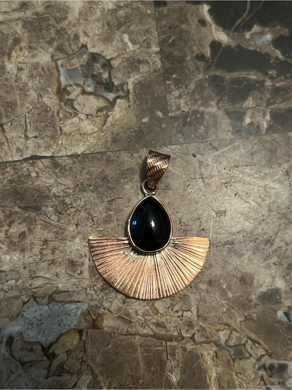 Handcrafted Black Onyx Copper Fan Pendant Necklace